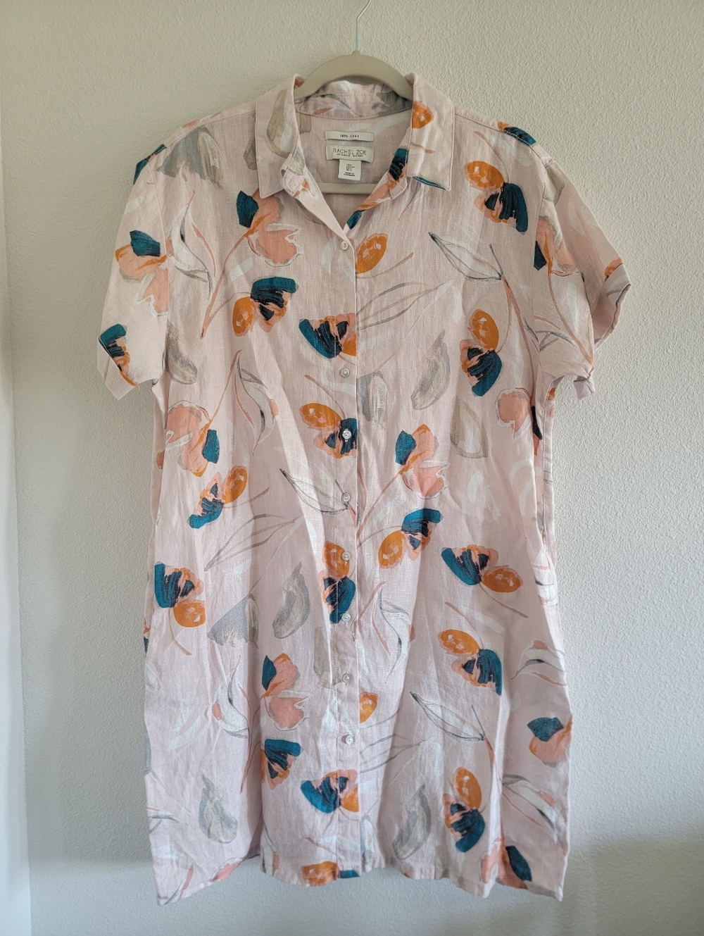 Rachel Zoe 100% Linen Floral Collared Short Sleeve Dress Mulitcolor Size Large